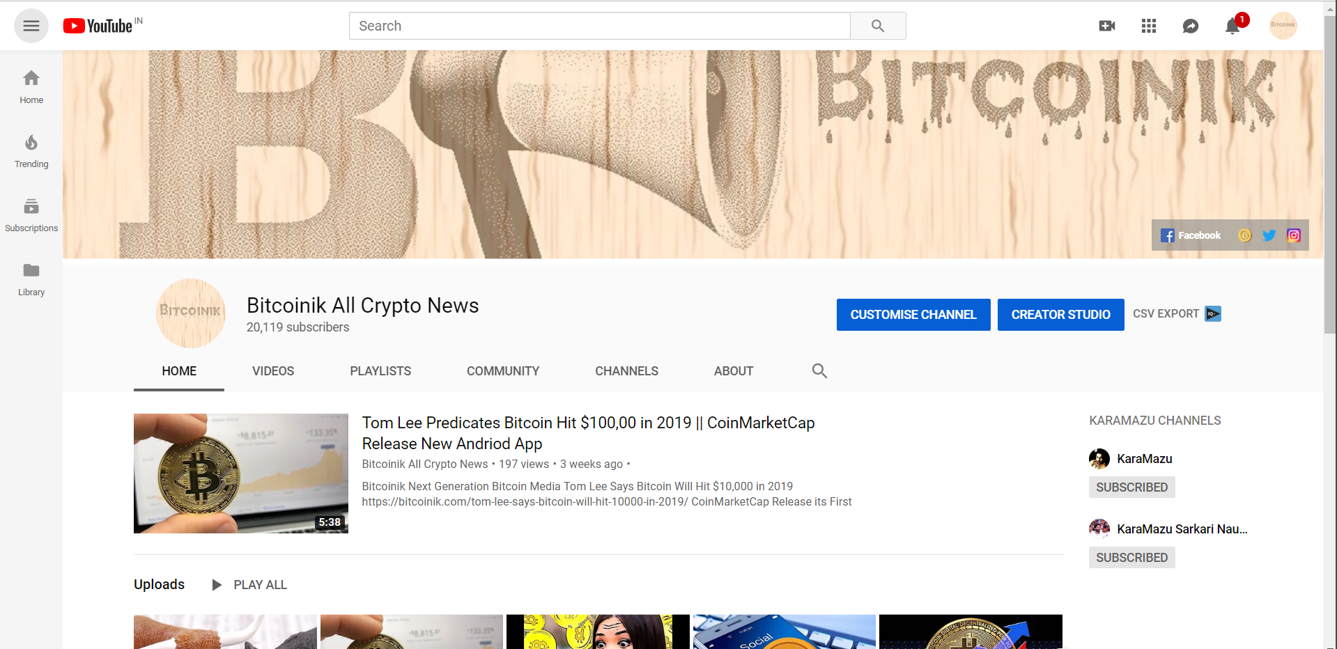 Youtube Channel with 20100 subscribers Bitcoinik cover